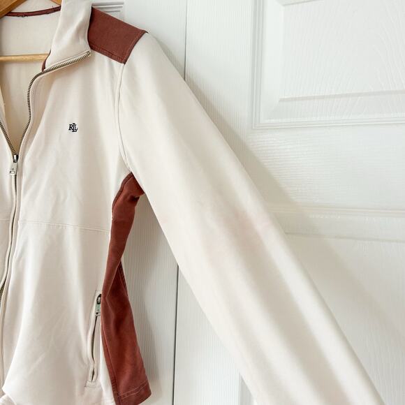 Lauren Ralph Lauren Cream Zip Active Jacket Rust Brown Trim Size Large - Picture 5 of 9